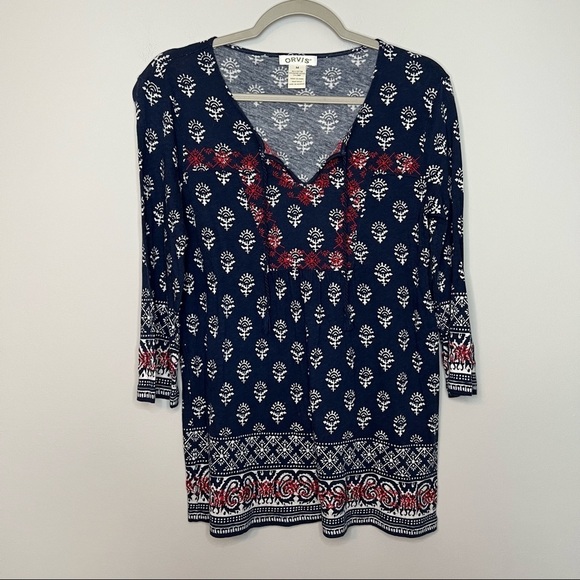 Women’s Orvis blue and red boho patterned quarter sleeve blouse size medium M - Picture 1 of 5